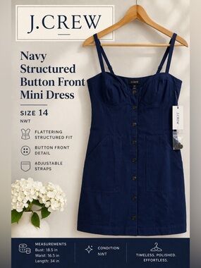 J.Crew Navy Structured Button Front Mini Dress Size 14 NWT